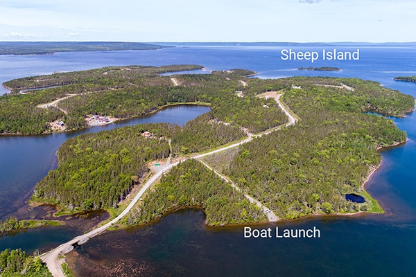Air photo of Sheep Island showing boat launch in nearby subdivision